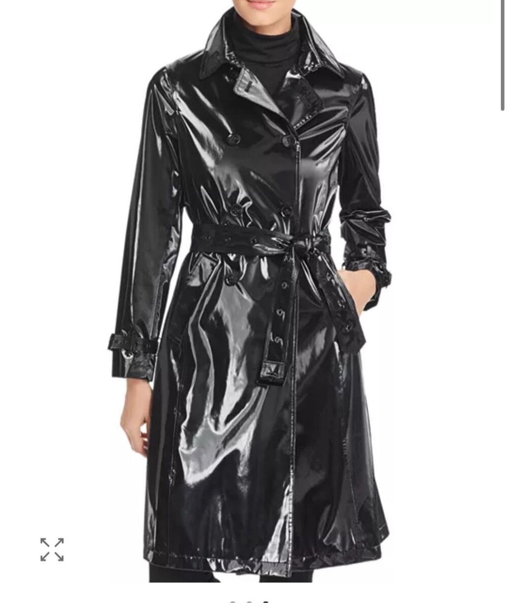 Jane Post $595 High Gloss Trench rain Coat in black womens sz M NWT